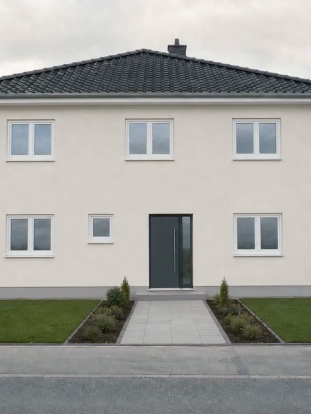 Fertiges Wohnhaus mit weißer Fassade, angelegtem Rasen und Plattenweg